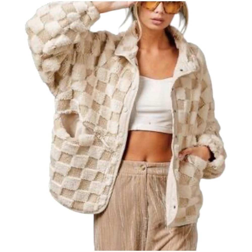 BIBI Womens Checkered Sherpa Fleece Jacket Cream Tan Snap Front Small
